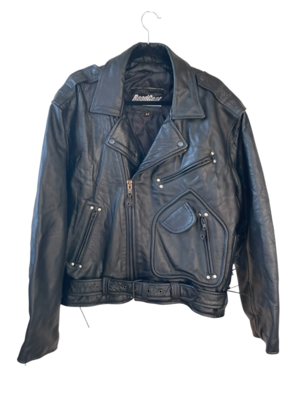 Vintage RoadGear Black Leather Motorcycle Biker Jacket Belted D-Pocket Size 44